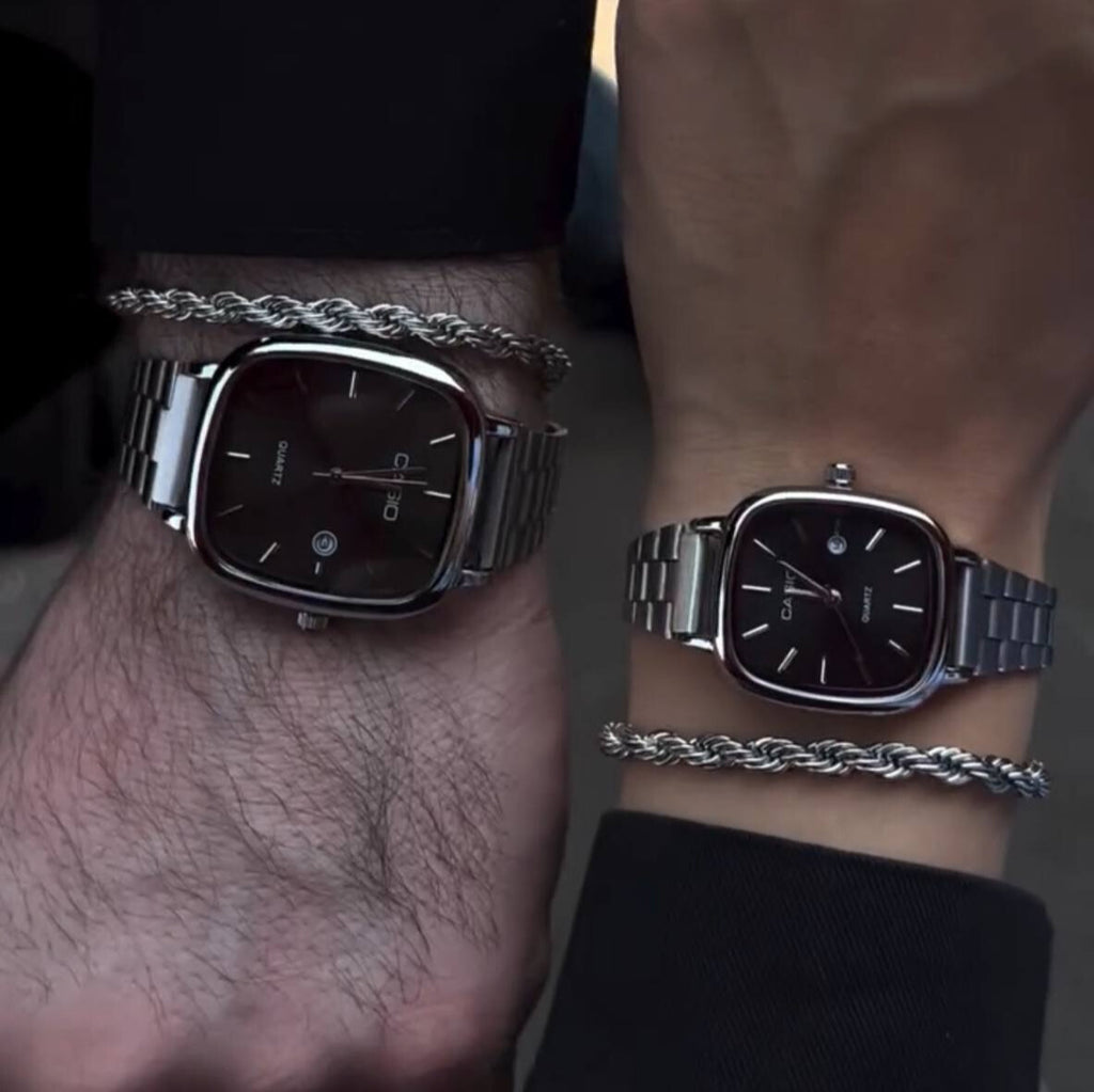 casio couple watches silver and black