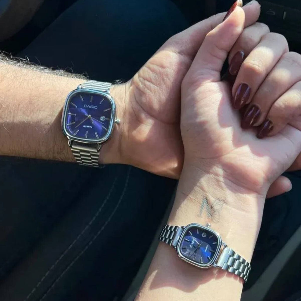 casio couple watches silver and blue
