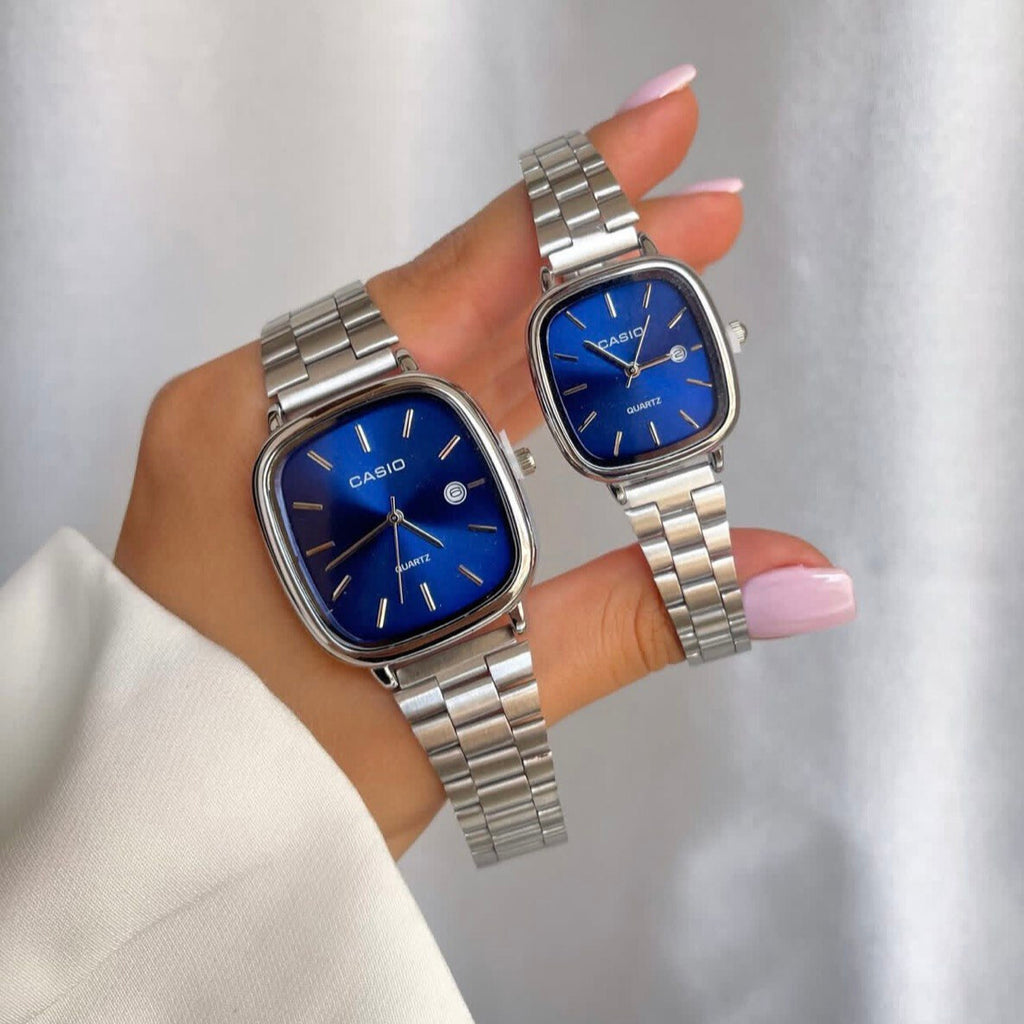 casio couple watches silver and blue