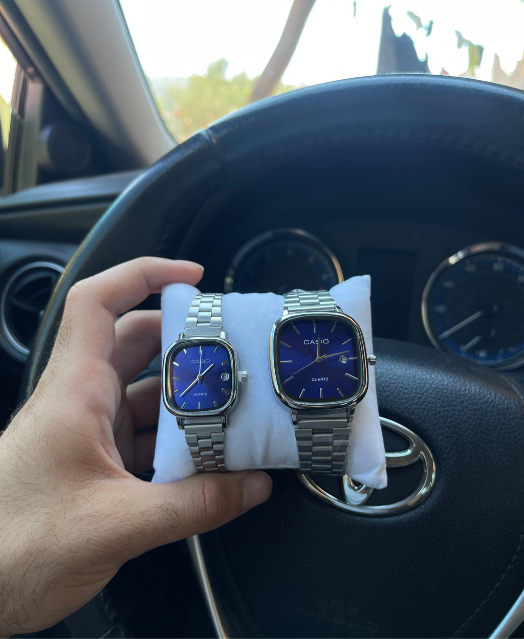 casio couple watches silver and blue