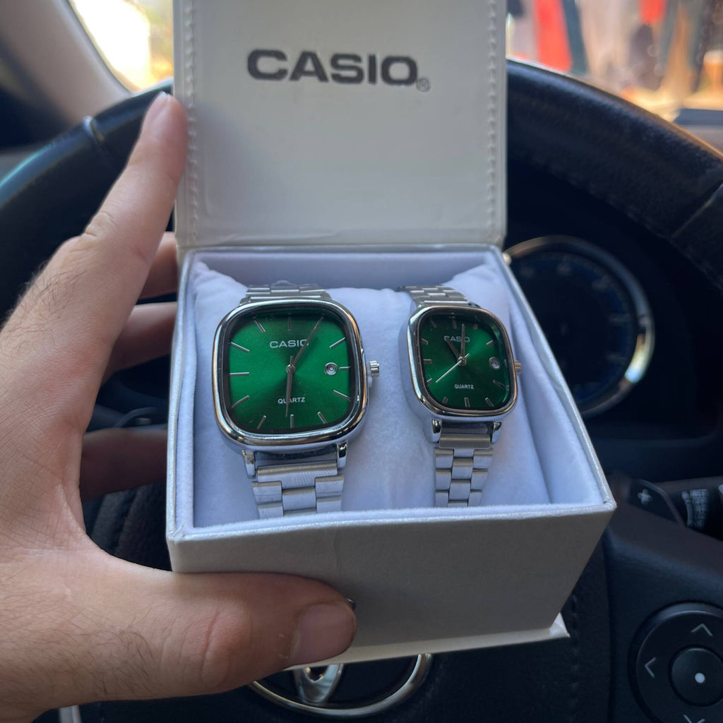 casio couple watches silver and green