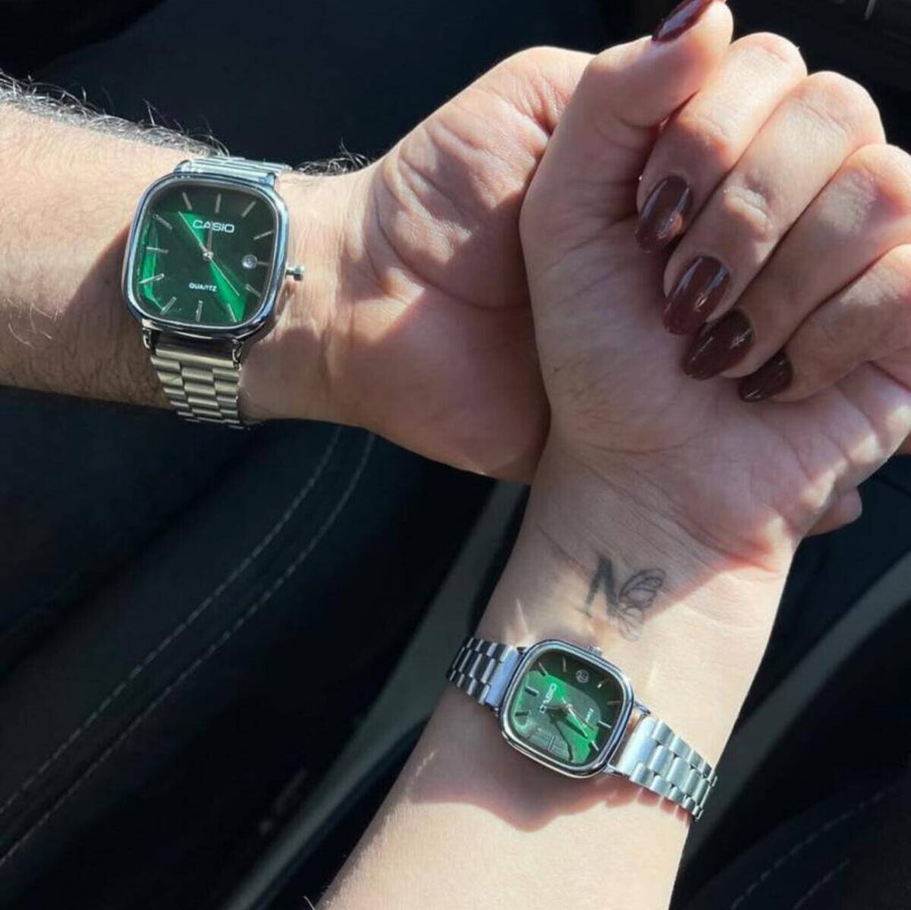 casio couple watches silver and green