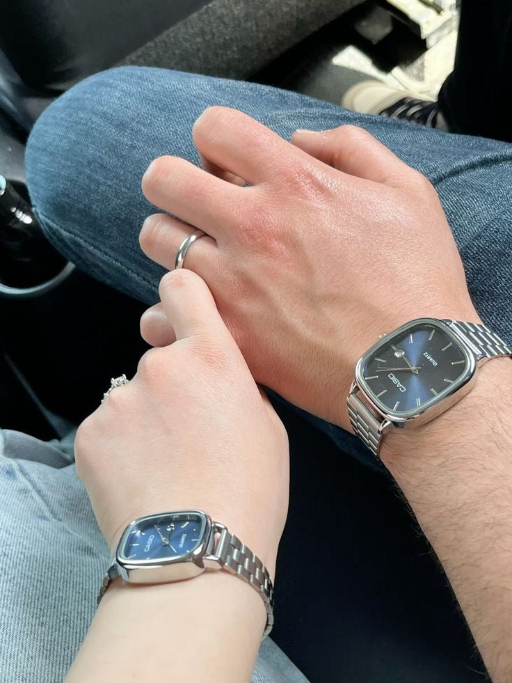 casio couple watches silver and blue