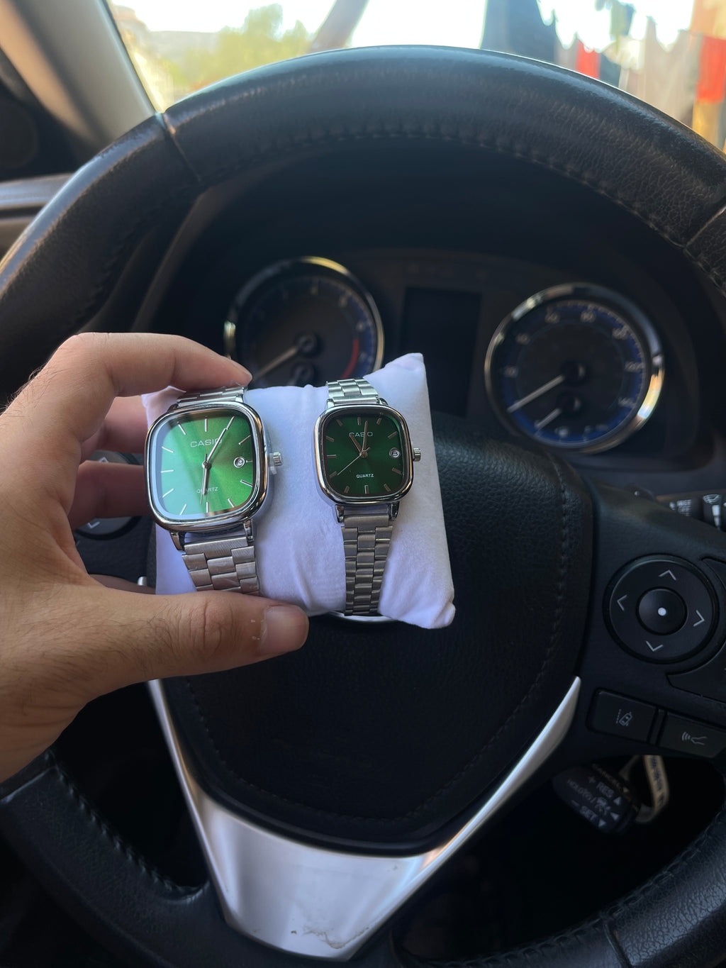 casio couple watches silver and green