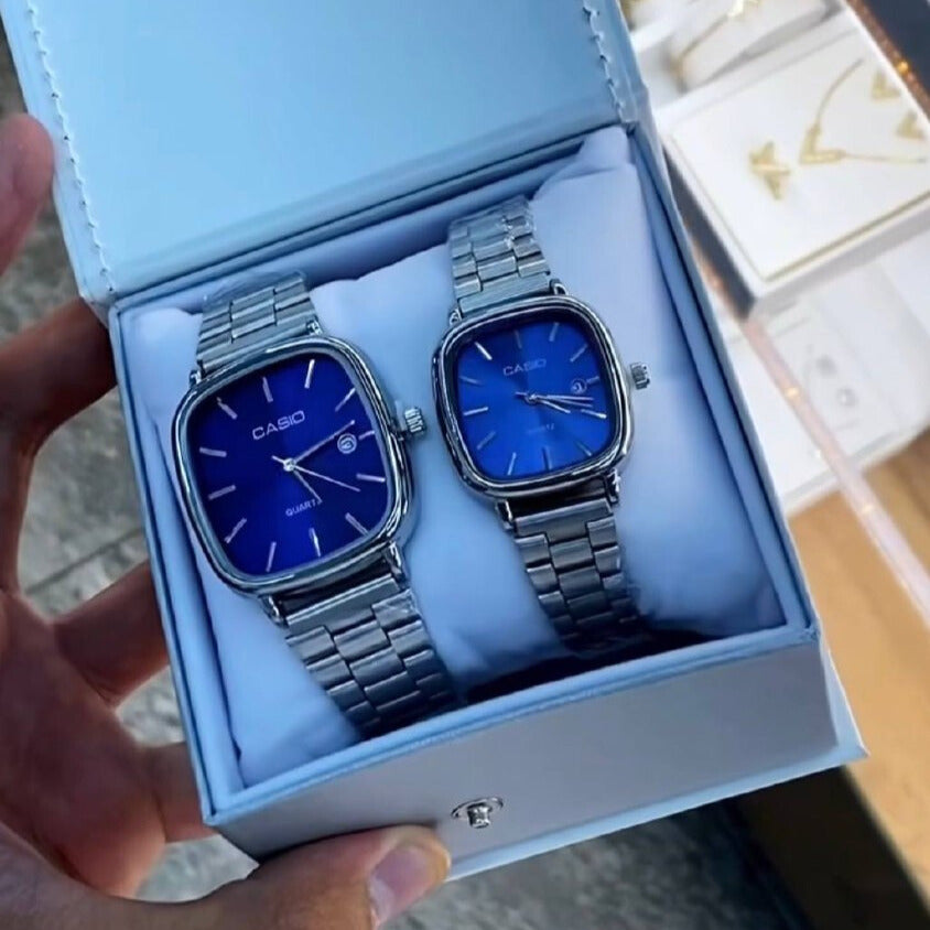 casio couple watches silver and blue