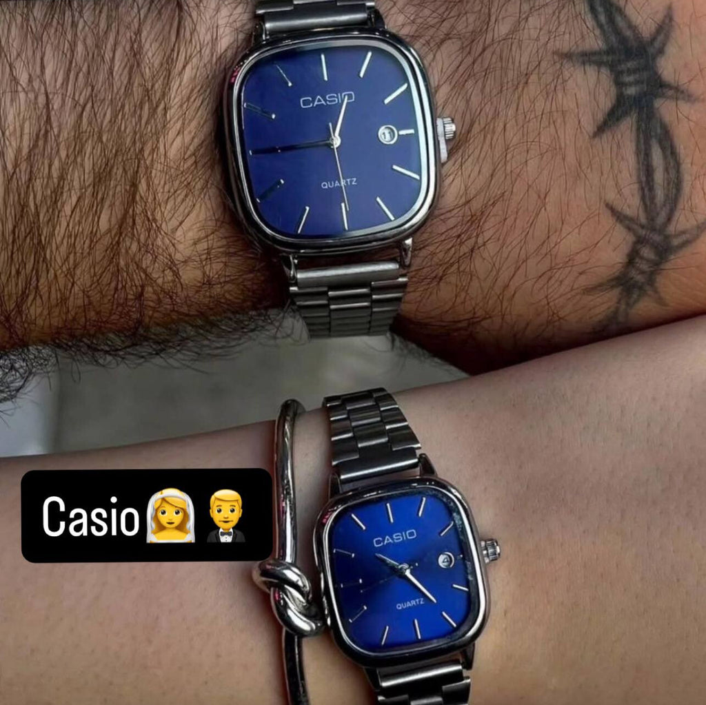 casio couple watches silver and blue