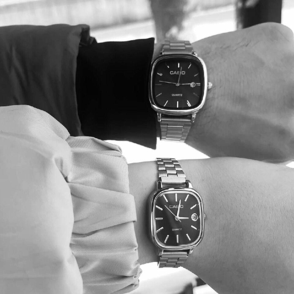 casio couple watches silver and black